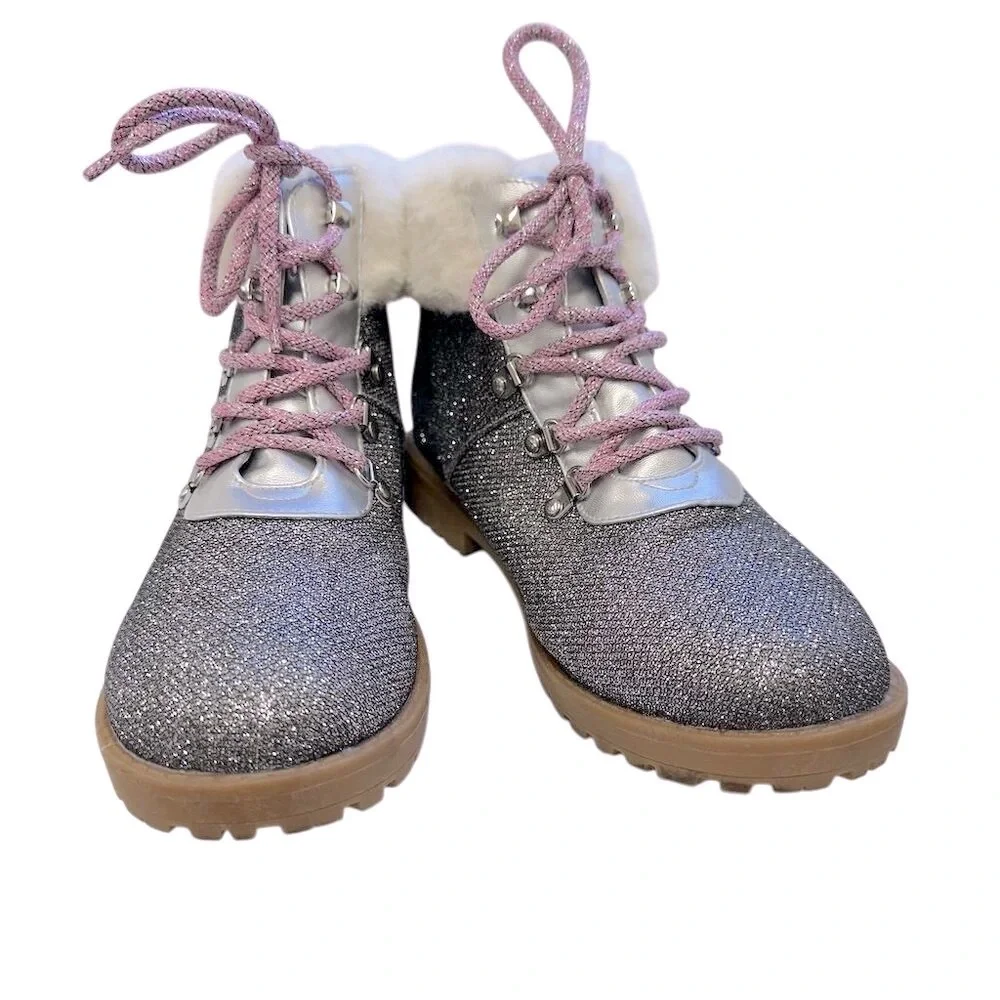 Juicy Couture Girls' Silver Glitter Hiker Ankle‎ Boots Size 5 Winter glamour